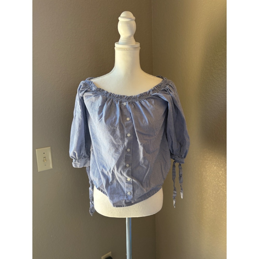 Active USA‎ Womens Blue White Striped Off Shoulder Button Down Blouse Medium